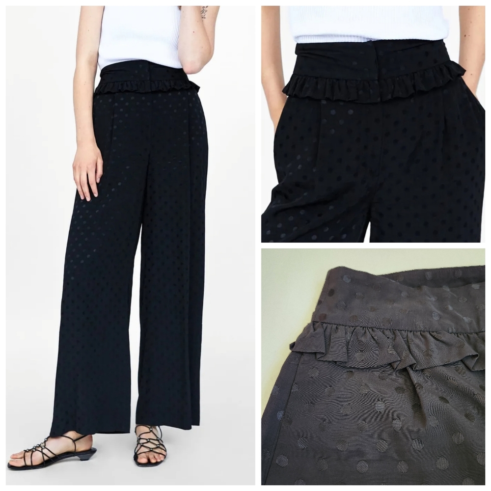 Zara wide leg polka dot pants trousers ruffle frill detail black S fun cute